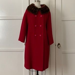 Vintage 1960s Red Wool Coat with Fur Collar and Pink Buttons